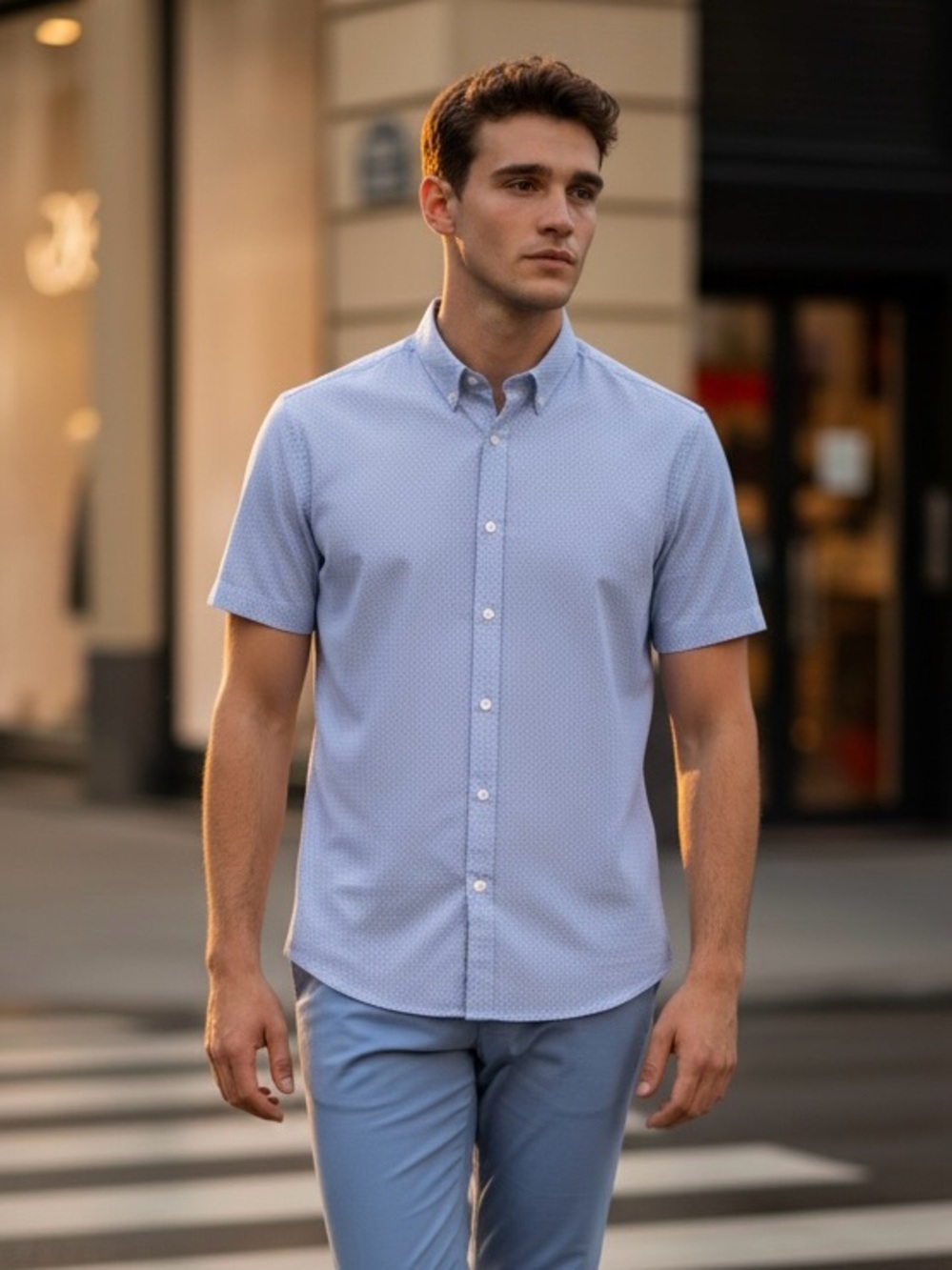 Massimo Dutti Light Blue Short-Sleeve Button-Down Shirt